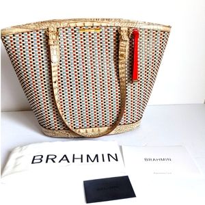 Brahmin Medium Bowie Tote Bag Ridgemont Red Blue Woven Leather